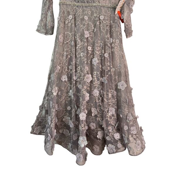 Mac Duggal Long Sleeve Floral Applique Embellished Lace Dress Sterling Size 8 - Picture 14 of 16